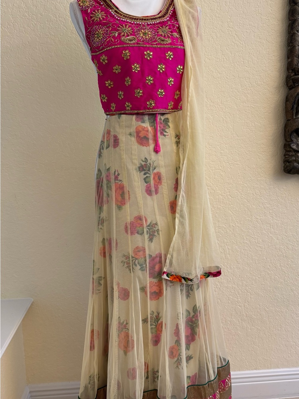 Fuchsia Embroidered Crop Top with Cream Floral Skirt and Dupatta